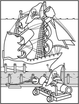 Dibujo de Barco Pirata con Gran Canon para Colorear