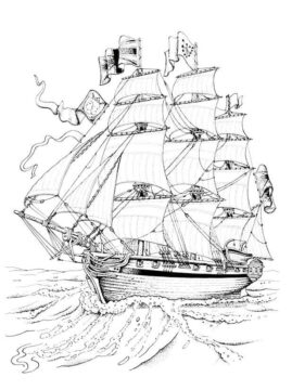 Dibujo de Barco Pirata con Muchas Velas para Colorear