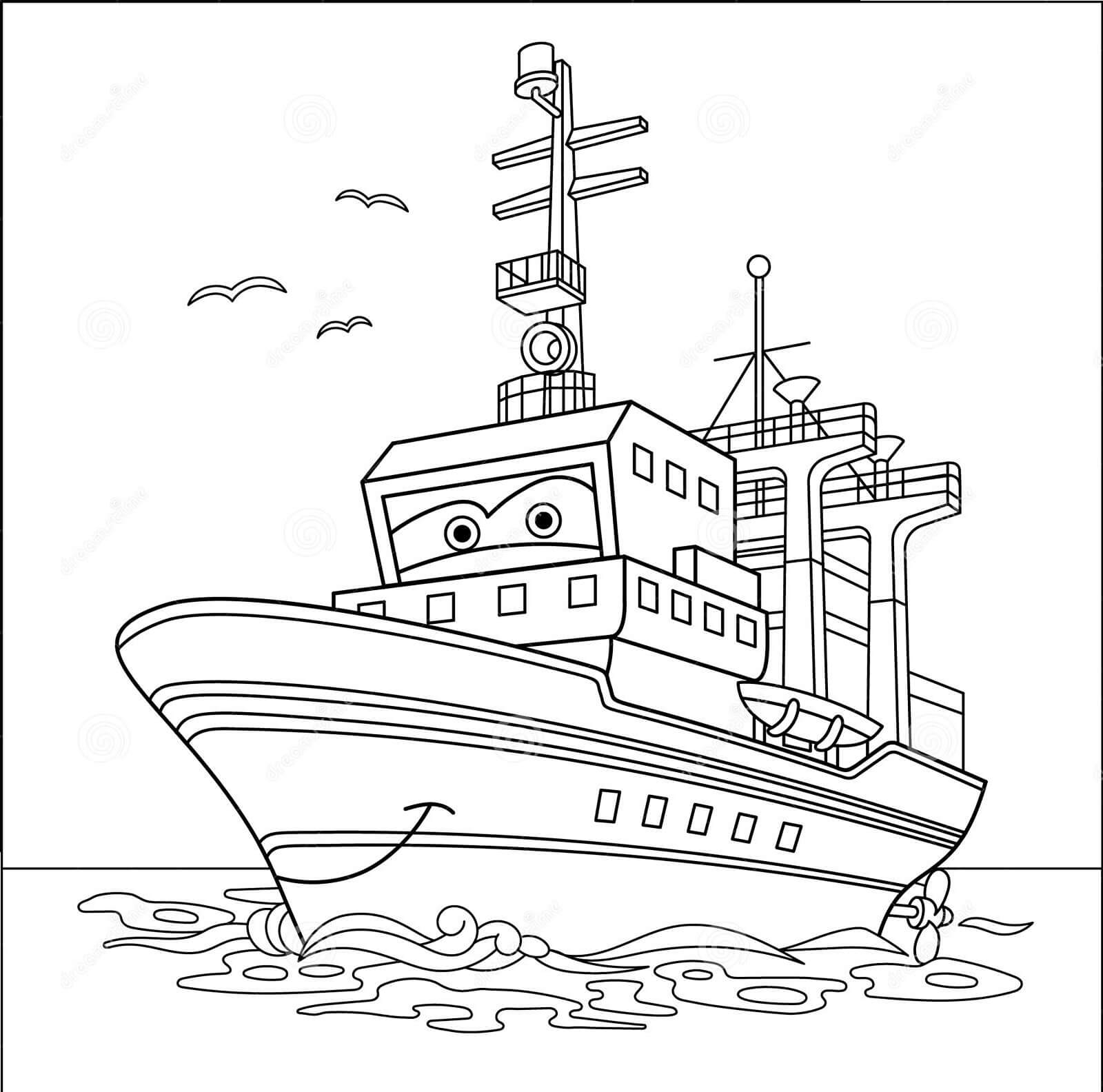 Dibujo de Barco de Dibujos Animados Sonriendo para Colorear