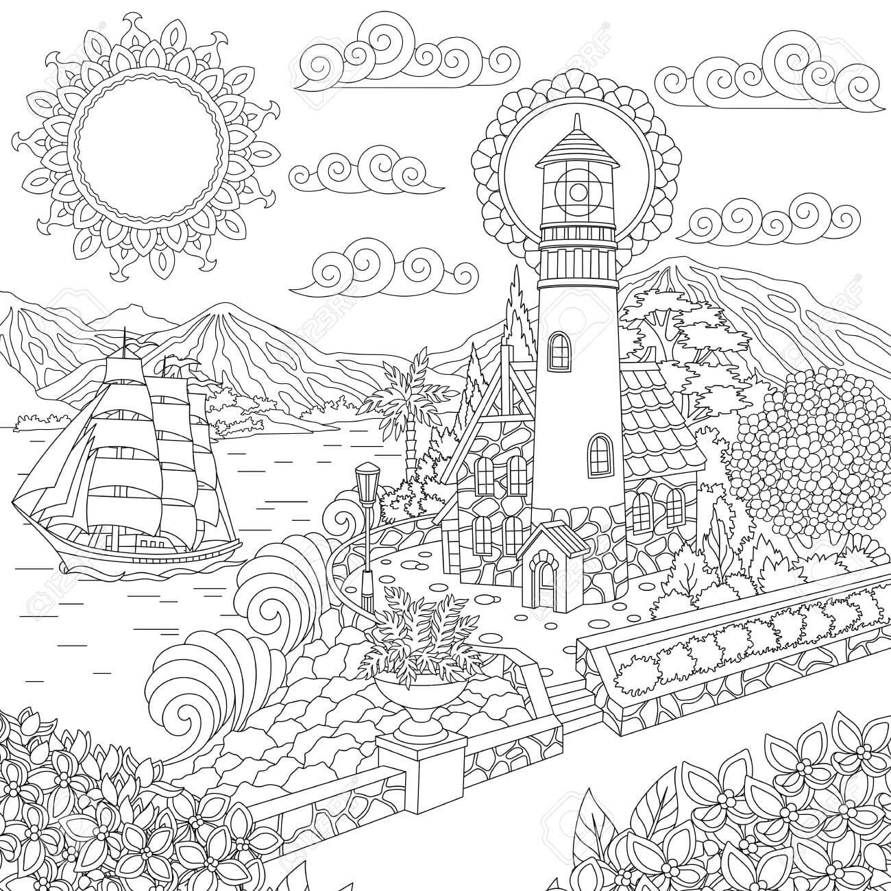Dibujo de Faro en la Orilla del Mar y Velero para Colorear