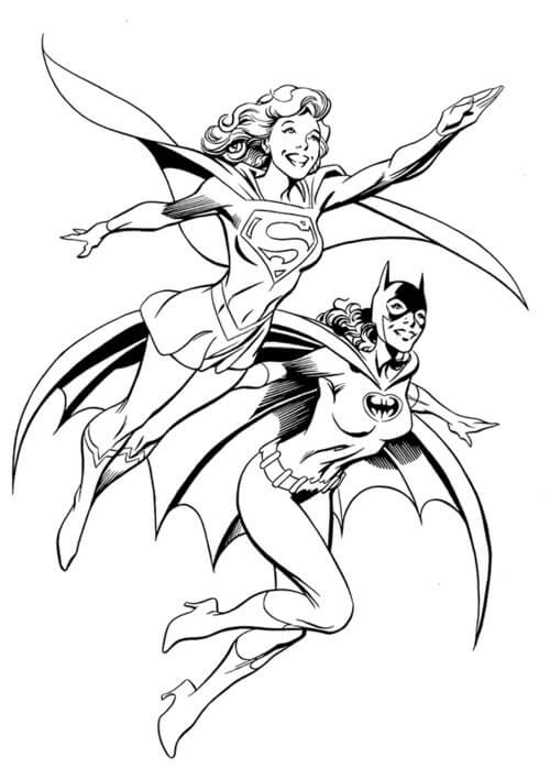 Dibujo de Batgirl y Supergirl Volando para Colorear