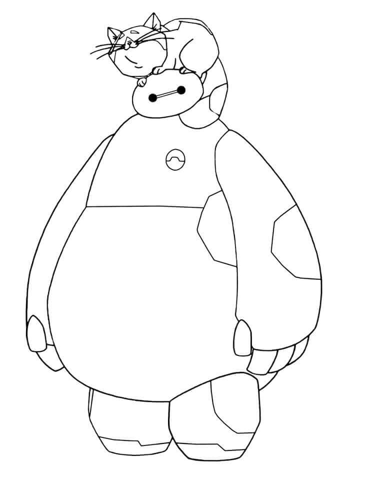 Dibujo de Baymax y Gato para Colorear