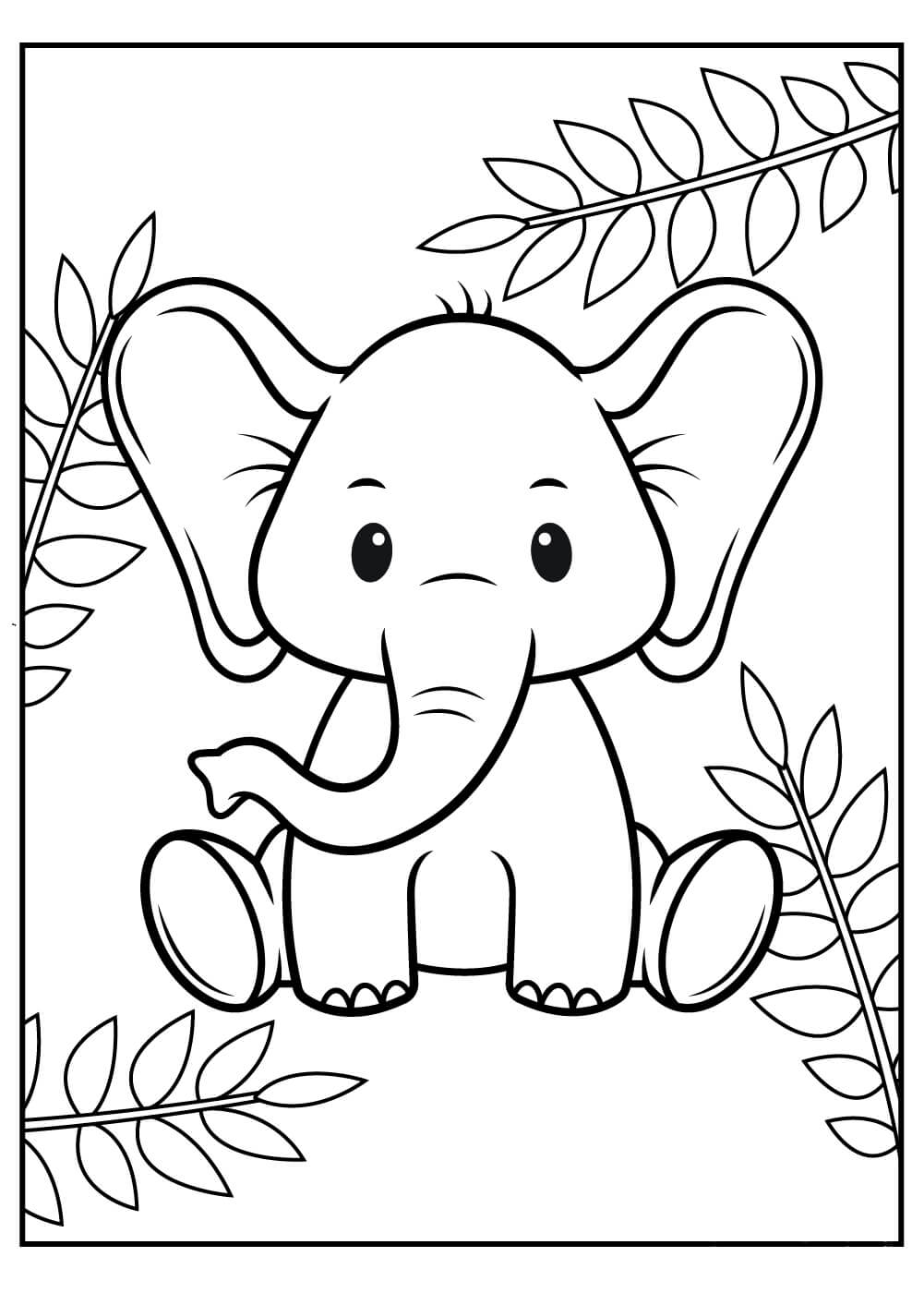 Dibujo de Bebé Elefante con Hojas para Colorear