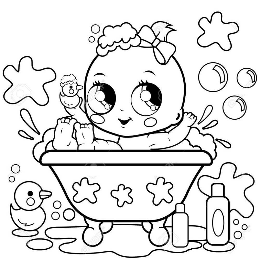 Dibujo de Bebé niña Banandose para Colorear