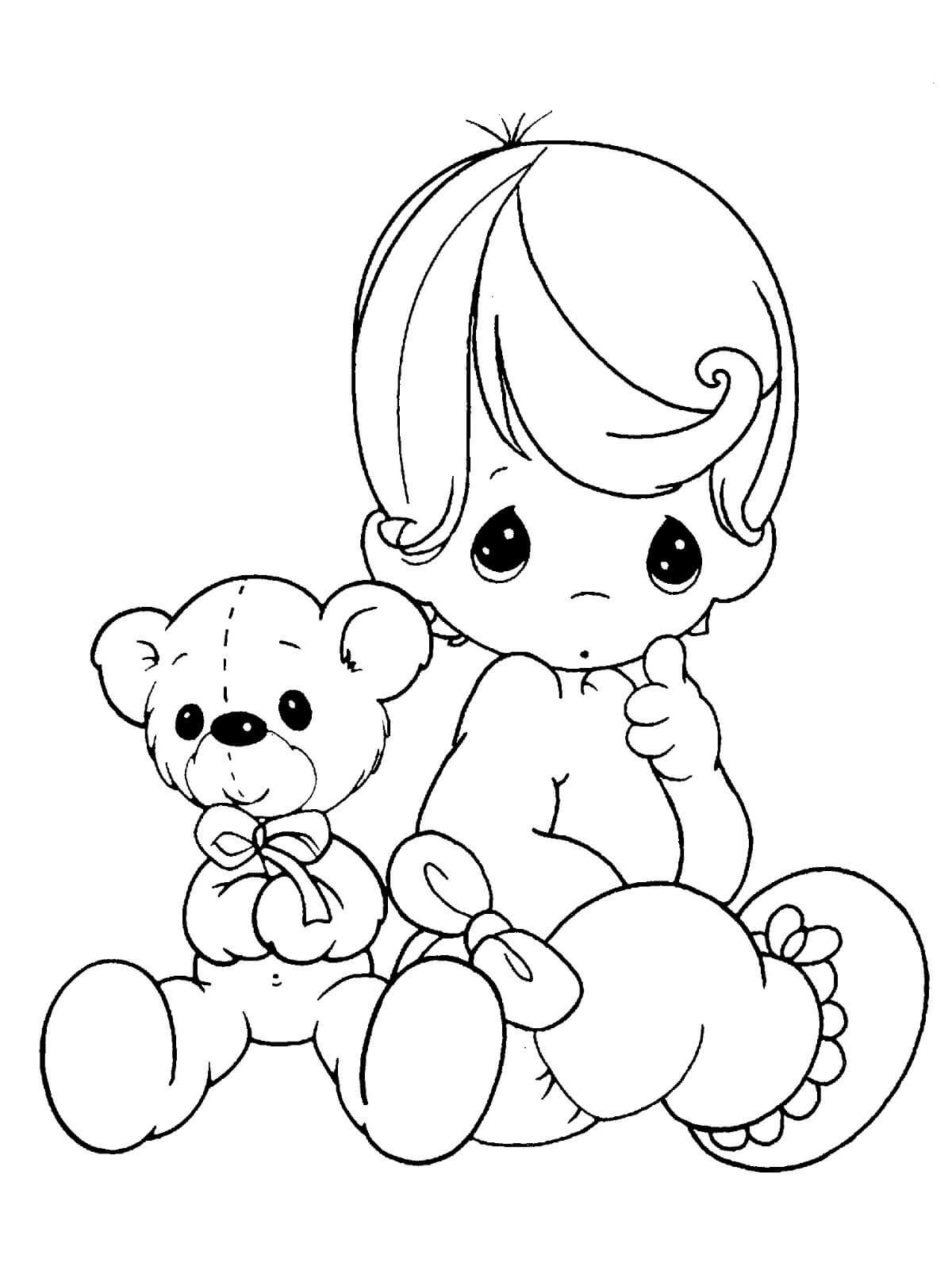 Dibujo de Bebé niño y Oso de Peluche para Colorear