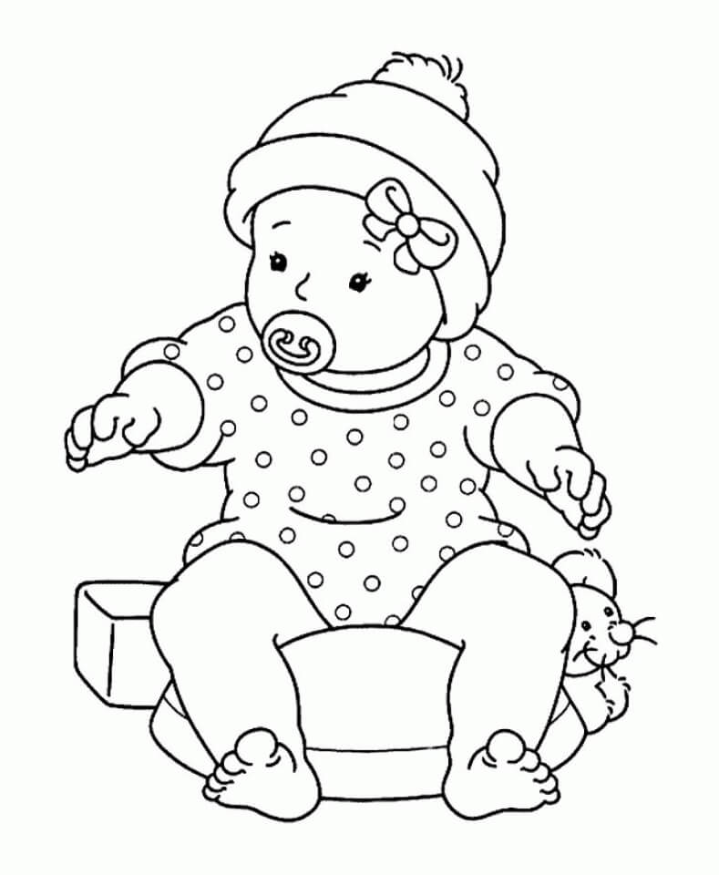 Dibujo de Bebé Sentado con ratón para Colorear