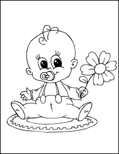 Dibujo de Bebé Sosteniendo Flor para Colorear