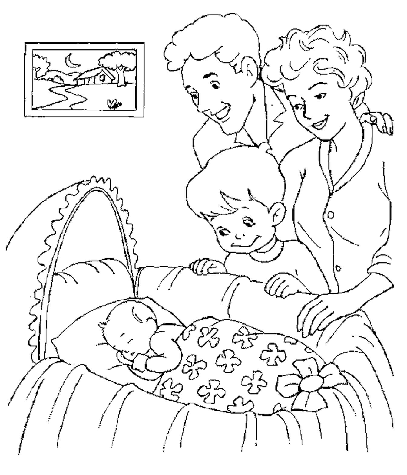 Dibujo de Familia Mirando al niño para Colorear