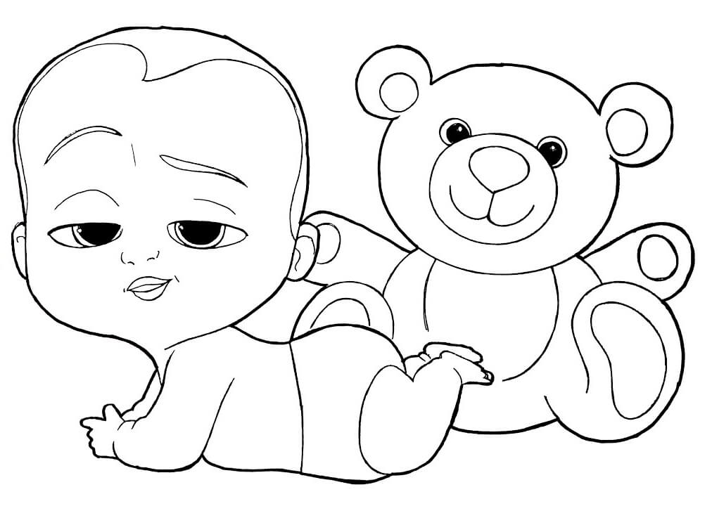 Dibujo de Jefe bebé con Oso de Peluche para Colorear