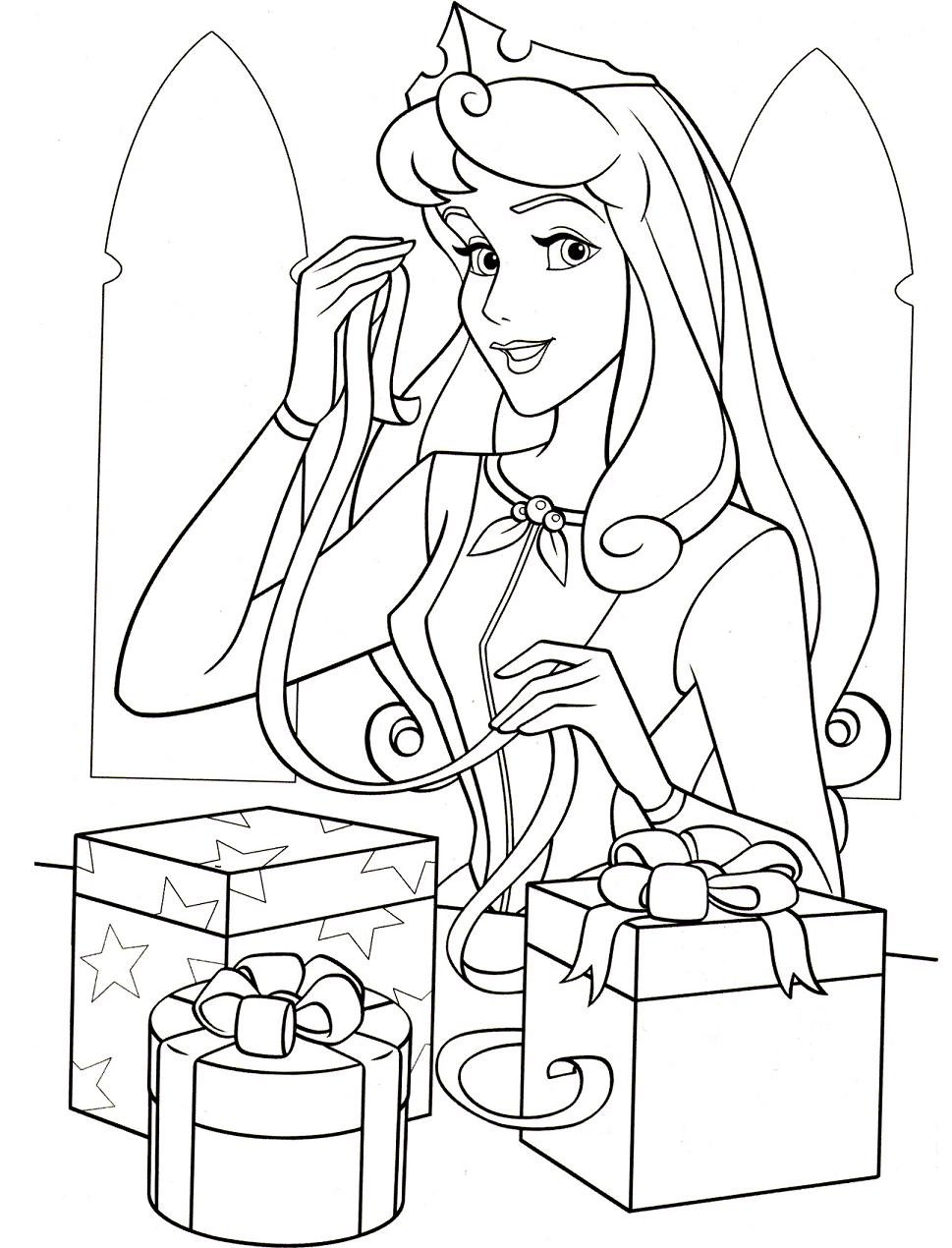 Dibujo de Aurora con Cajas de Regalo para Colorear