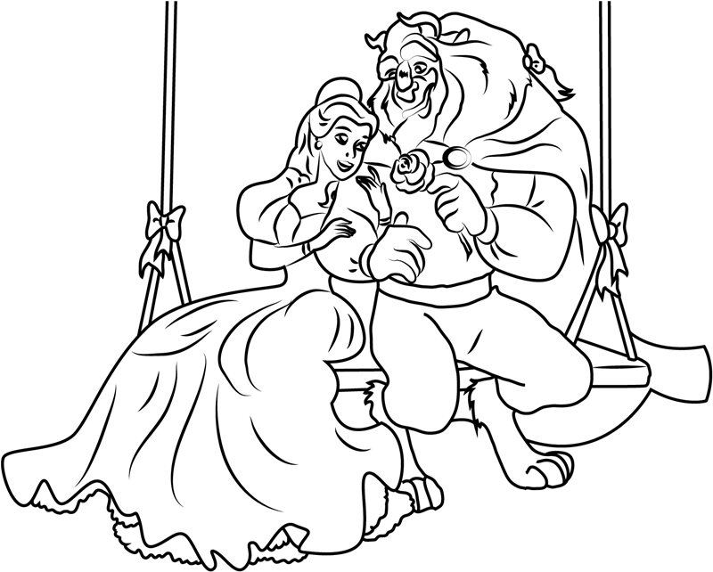 Dibujo de Bella y Bestia en Columpio para Colorear