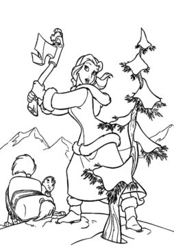 Dibujo de Belle Cortando el árbol de Navidad para Colorear