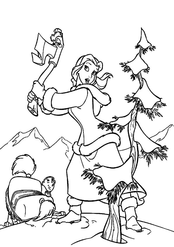 Dibujo de Belle Cortando el árbol de Navidad para Colorear