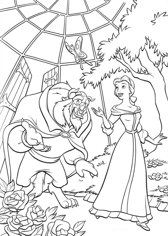 Dibujo de Monstruo y Bella en el jardín para Colorear