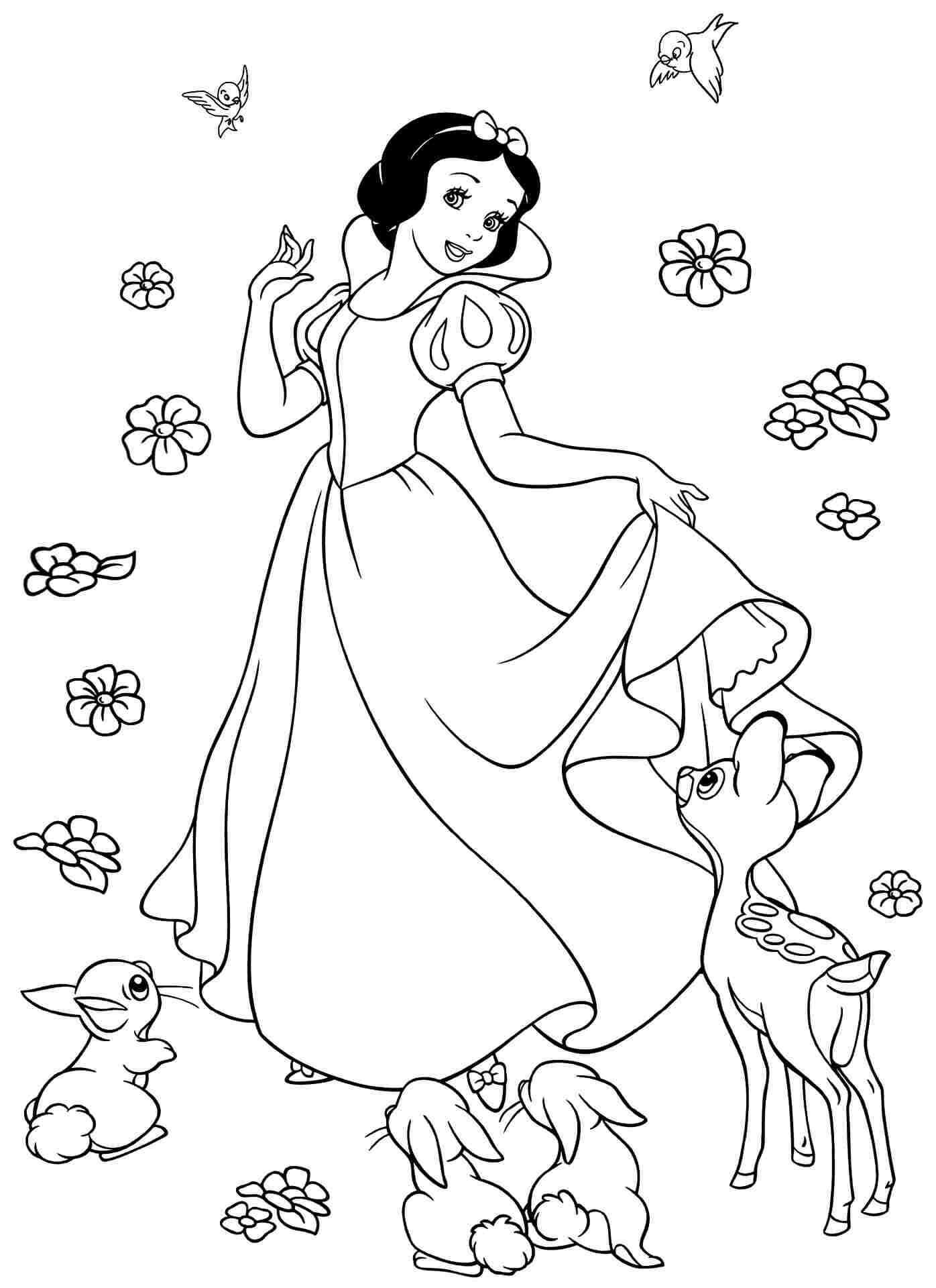 Dibujo de Blancanieves con Flores y Animales para Colorear