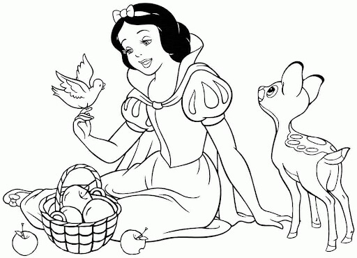 Dibujo de Blancanieves con Frutas y Animales para Colorear