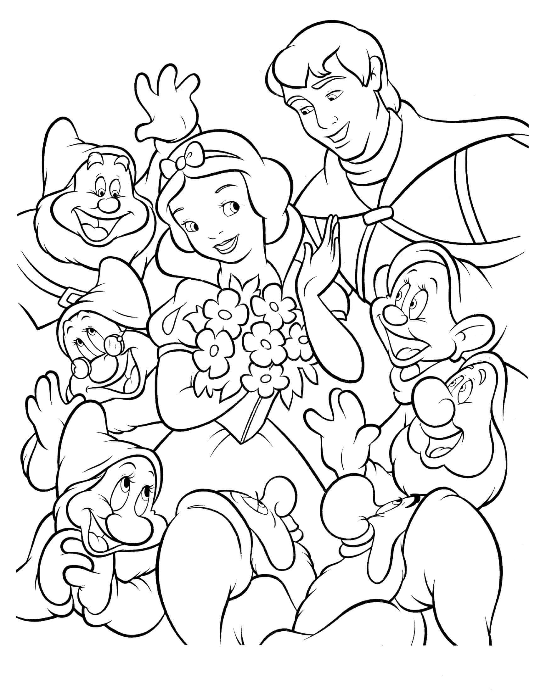 Dibujo de Blancanieves el príncipe y los Siete Enanitos para Colorear