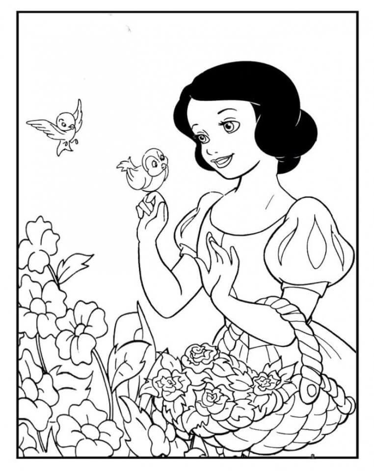 Dibujo de Blancanieves y pájaro Flor para Colorear