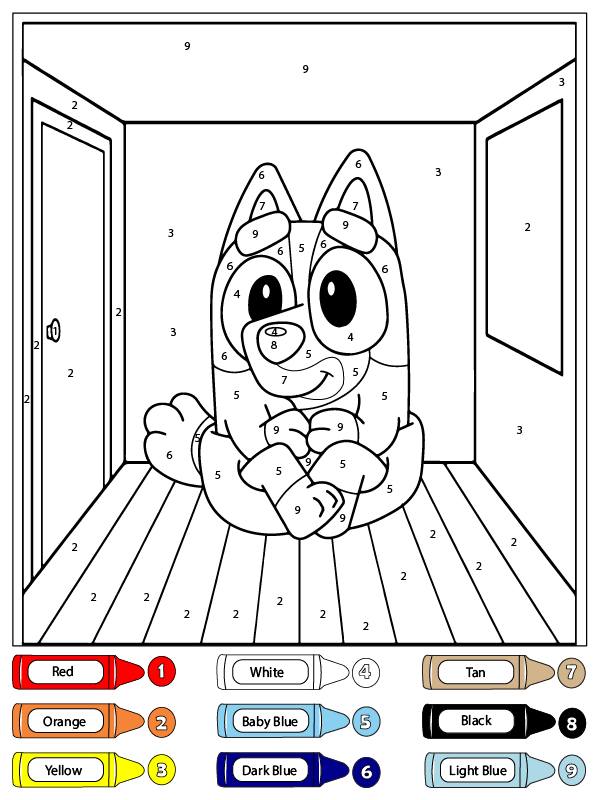 Dibujo de Bluey Sentado Dentro de la habitación Colorear por número para Colorear