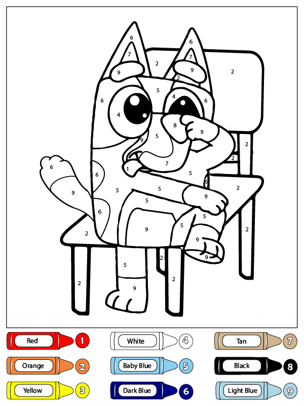 Dibujo de Bluey Sentado en una Silla Color por número para Colorear