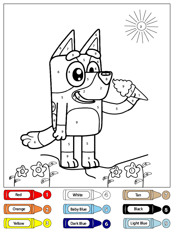 Dibujo de Colorear por números a Bluey Comiendo Helado para Colorear