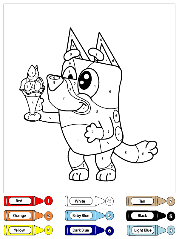 Dibujo de Colorear por números a Bluey Comiendo un Postre para Colorear