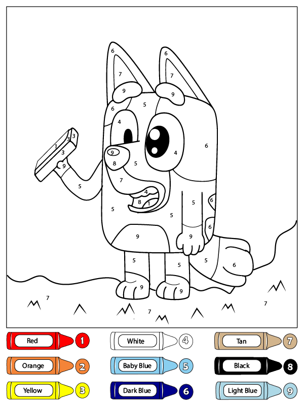 Dibujo de Colorear por números a Bluey Sosteniendo un teléfono para Colorear