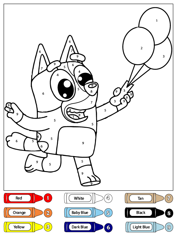 Dibujo de Colorear por números a Bluey con Globos para Colorear