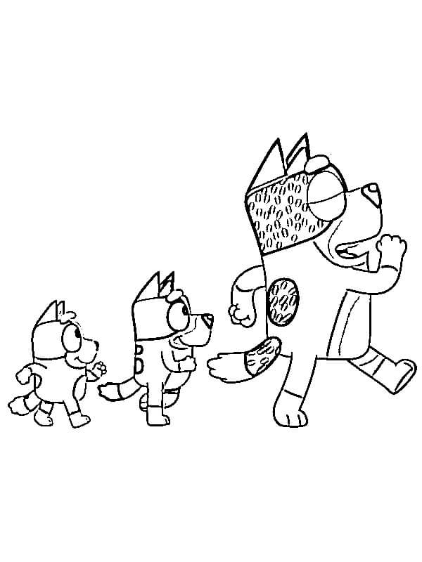 Dibujo de Bluey Bingo y Bandit Heeler Caminando para Colorear