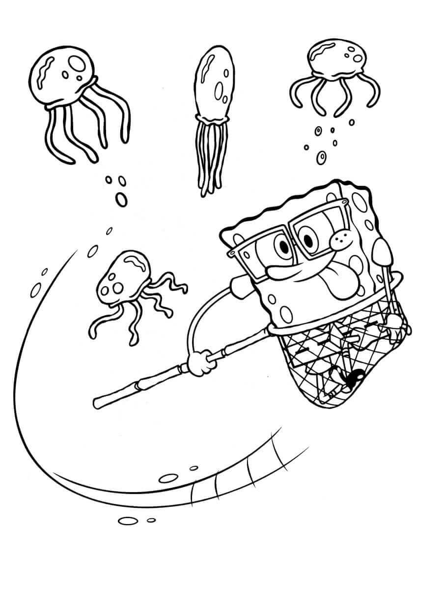 Dibujo de Bob Esponja Atrapando Medusas para Colorear