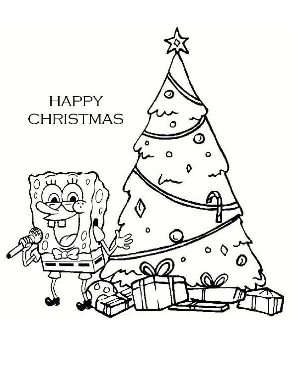 Dibujo de Bob Esponja Cantando en Navidad para Colorear
