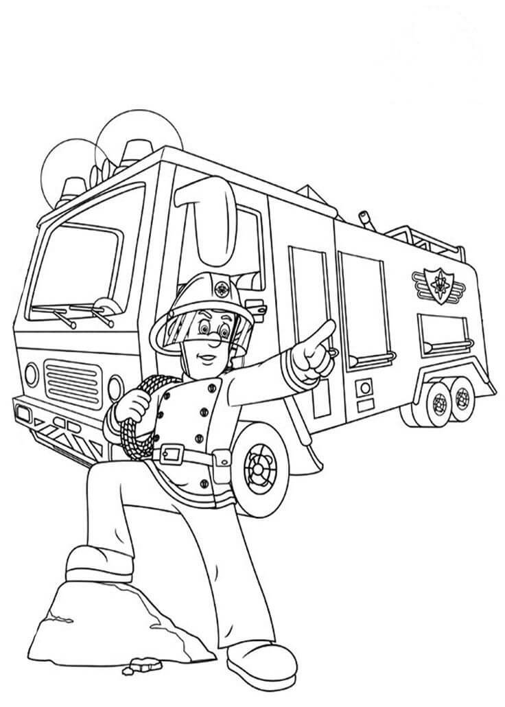 Dibujo de Genial Bombero Sam con camión de Bomberos para Colorear
