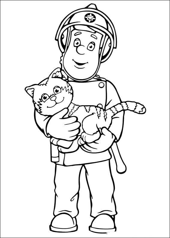 Dibujo de Sam el Bombero con Gato para Colorear