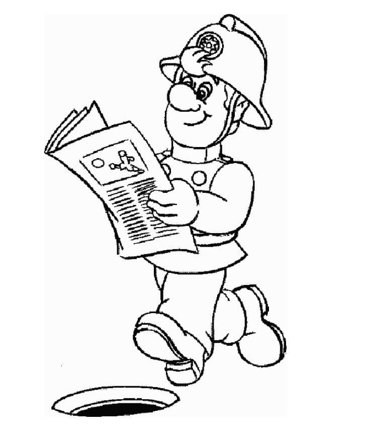 Dibujo de Sam el Bombero Lee el Periodico para Colorear