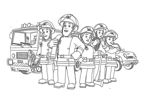 Dibujo de Sam el Bombero y Sus compañeros de Equipo para Colorear