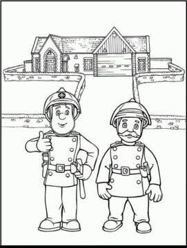 Dibujo de Sam el Bombero y Sus compañeros de Equipo con Casa para Colorear