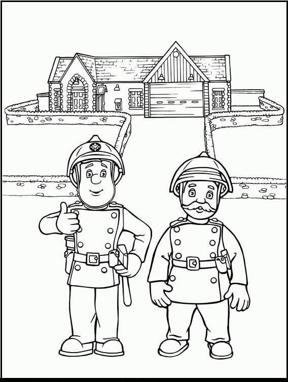 Dibujo de Sam el Bombero y Sus compañeros de Equipo con Casa para Colorear
