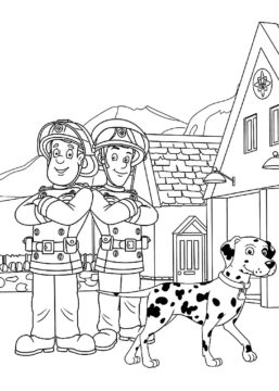 Dibujo de Sam el Bombero y Sus compañeros de Equipo con Perro para Colorear