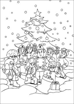 Dibujo de Sam el Bombero y Sus compañeros de Equipo en Invierno para Colorear