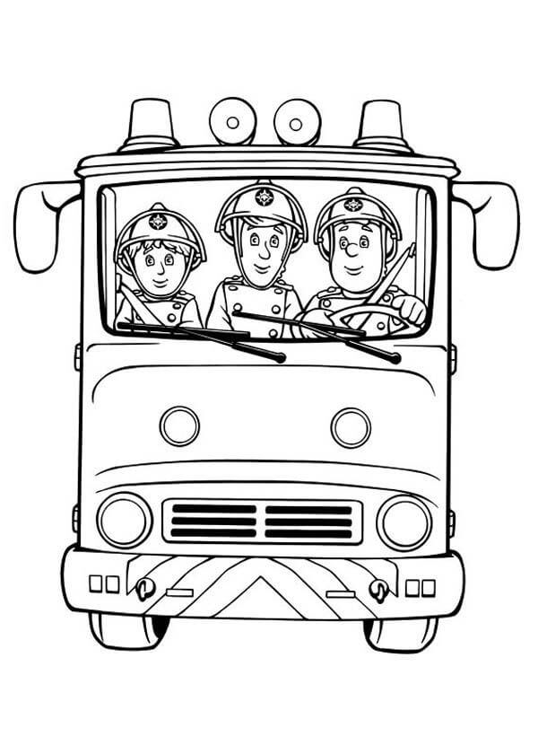 Dibujo de Sam el Bombero y Sus compañeros de Equipo en un camión de Bomberos para Colorear