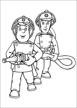 Dibujo de Sam el Bombero y Sus compañeros de Equipo Sosteniendo una Manguera para Colorear