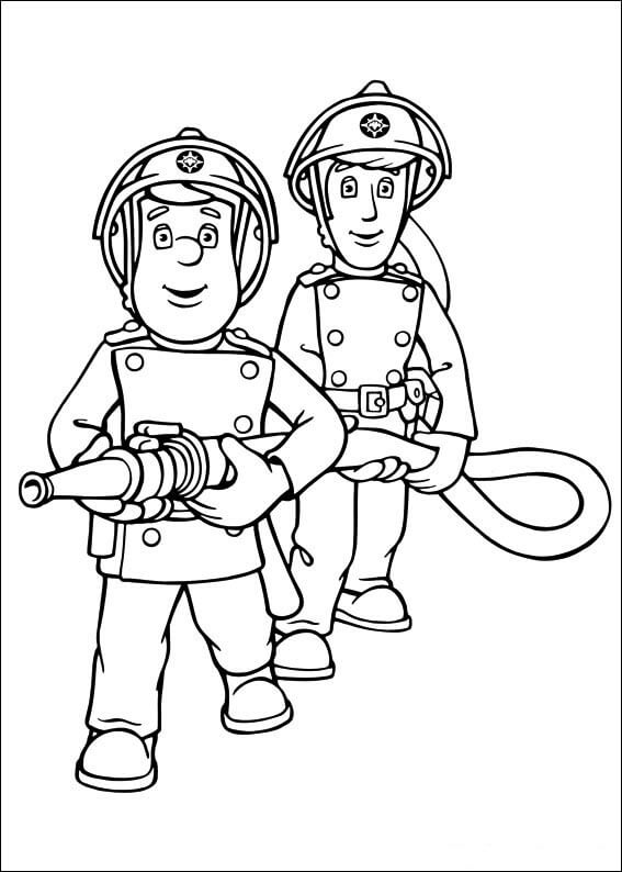 Dibujo de Sam el Bombero y Sus compañeros de Equipo Sosteniendo una Manguera para Colorear