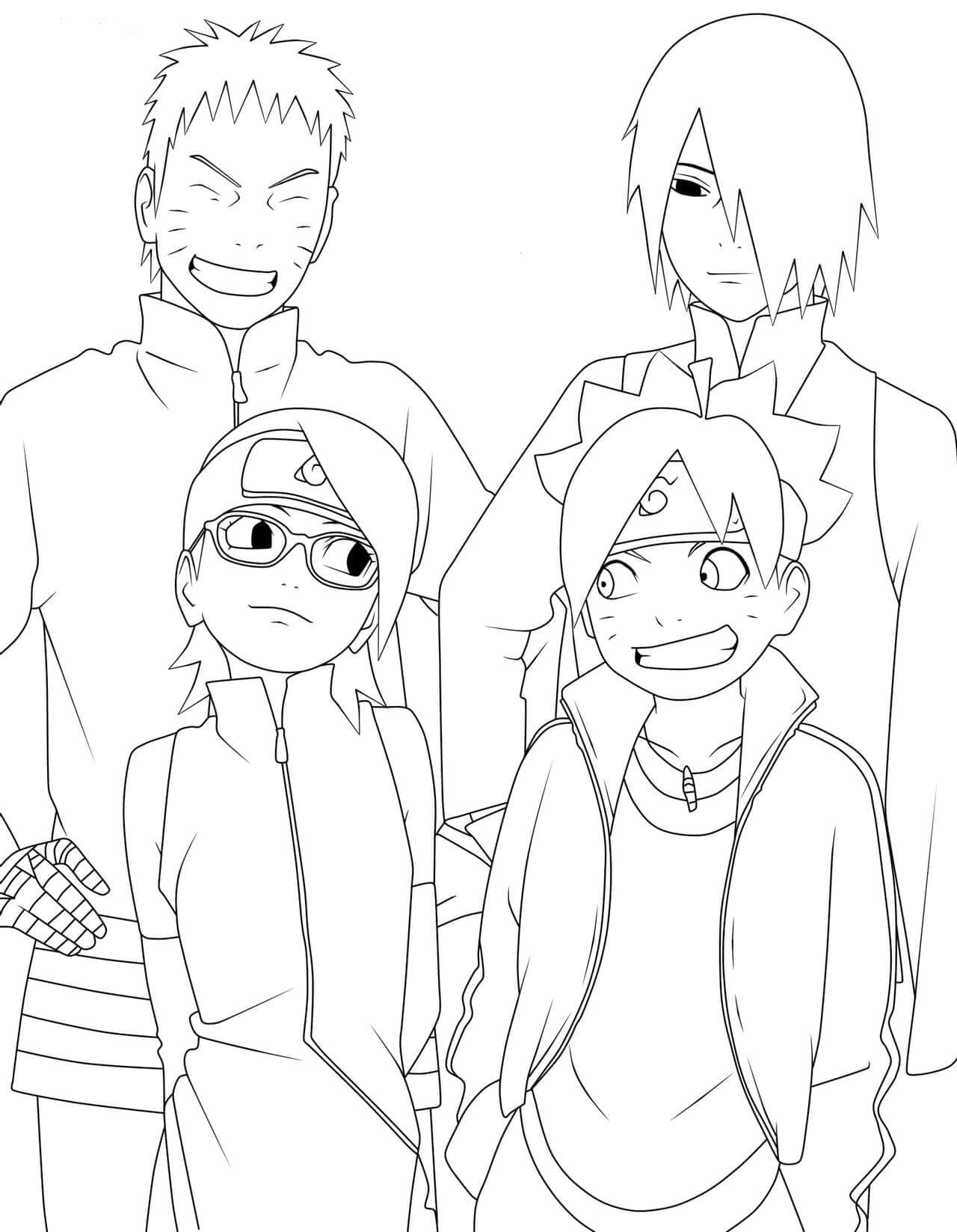 Dibujo de Dos Padres con Boruto y Sadara para Colorear