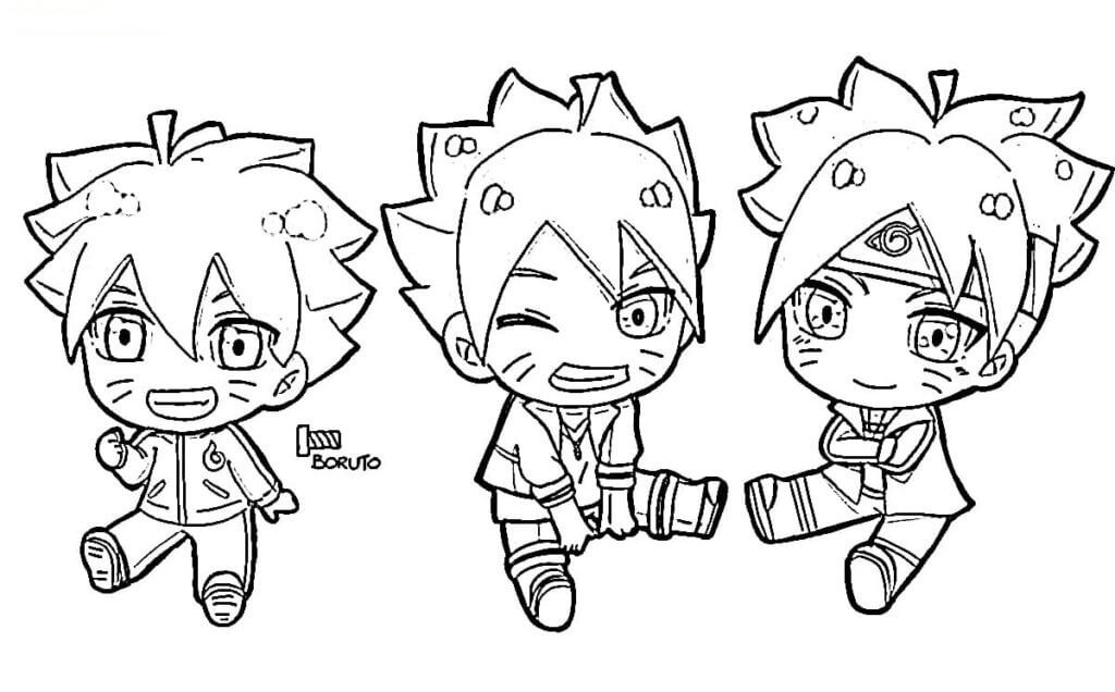 Dibujo de Tres Chibi Boruto para Colorear