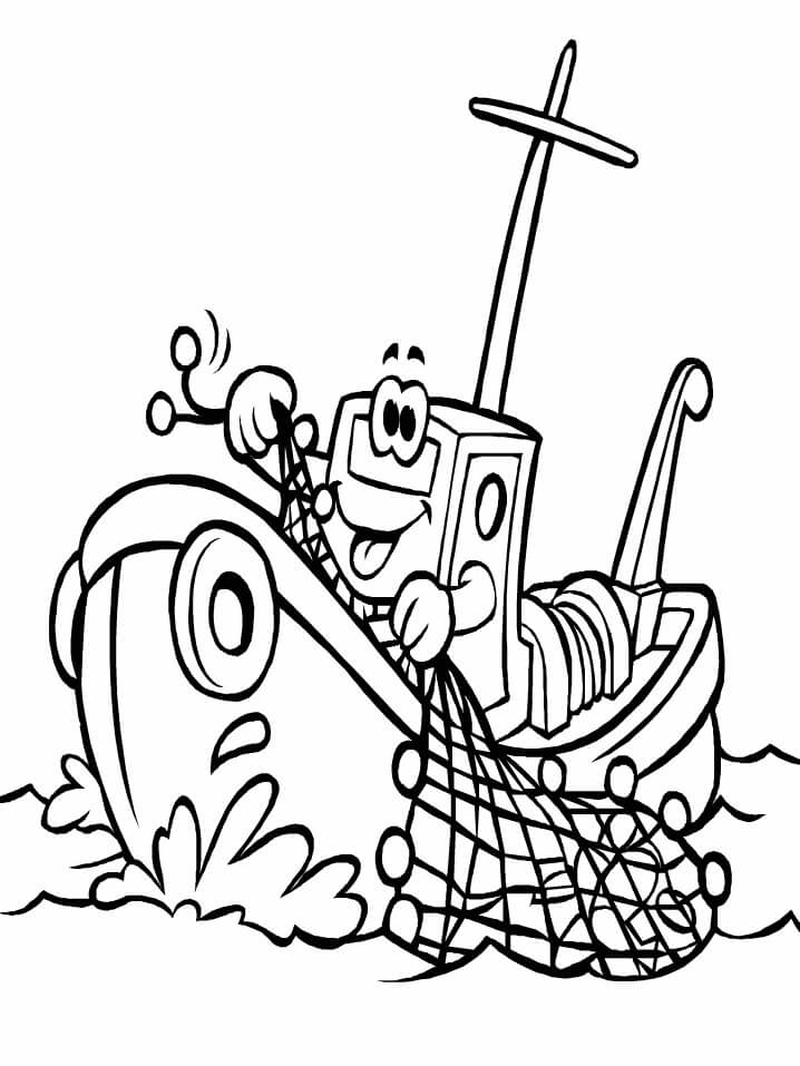 Dibujo de Barco de Pesca de Dibujos Animados para Colorear