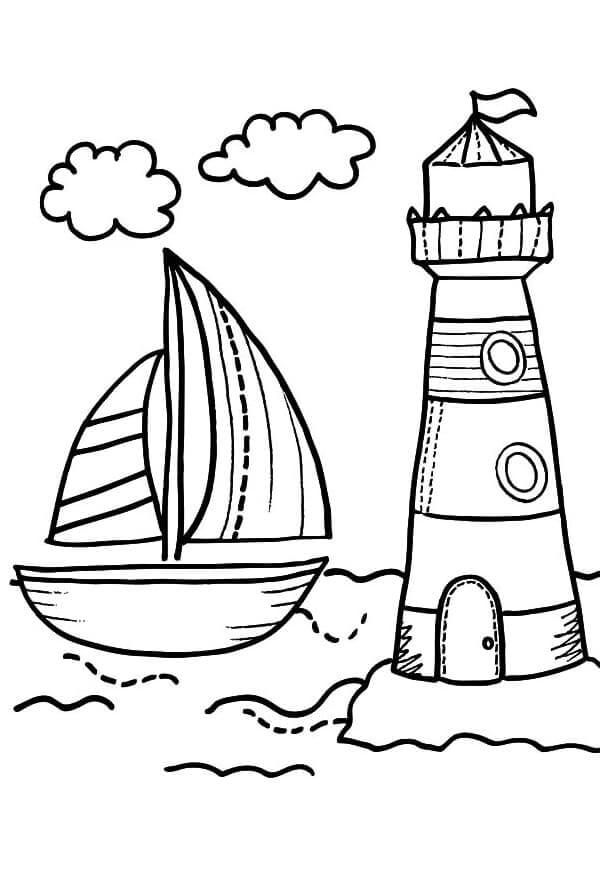 Dibujo de Faro y Barco para Colorear