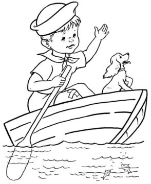 Dibujo de Nio Perro en Bote de Remos para Colorear