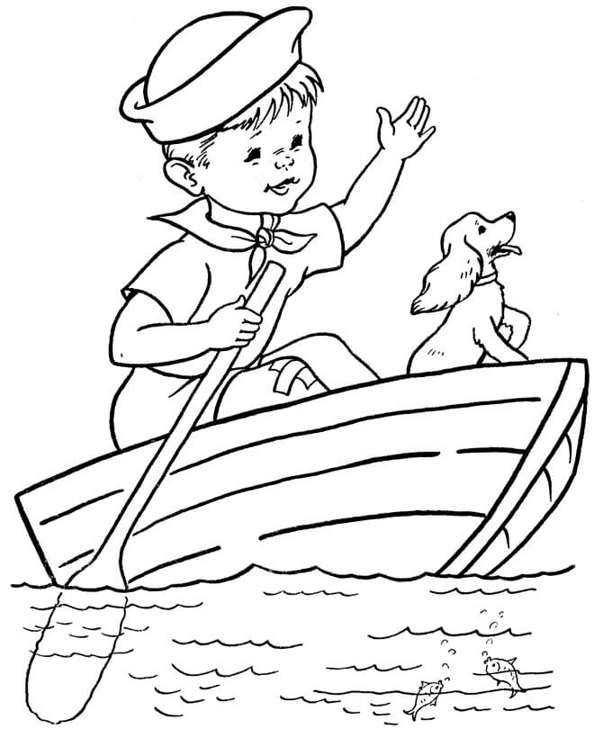 Dibujo de Nio Perro en Bote de Remos para Colorear