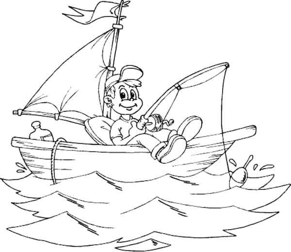 Dibujo de Nio Sonriente en Barco para Colorear