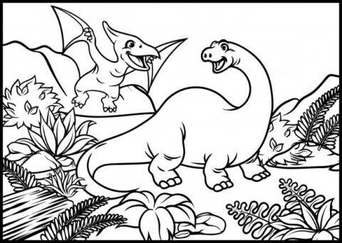 Dibujo de Brontosaurio y Murcilago para Colorear